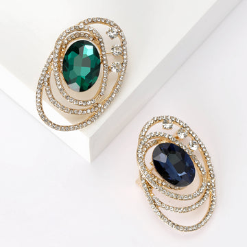 Oval Orbit Crystal Brooch in Emerald Green or Navy Blue