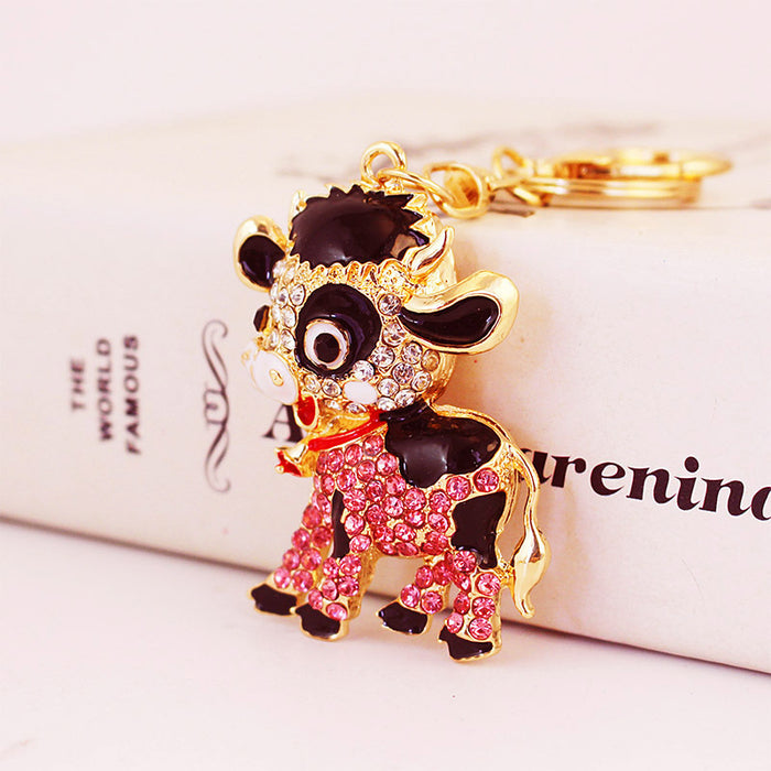 Cute Calf Rhinestone Keychain Zodiac Cow Bag Charm for Car Keys