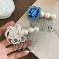Pearl Flower Hair Comb Blue Rose White Bead Styles view 4