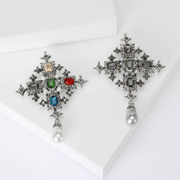 Baroque Cross Crystal Brooch With Pearl Drop in Six Colors