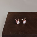 Rose Gold Tone Rabbit Ear And Pink Pearlescent Stud Earrings view 3