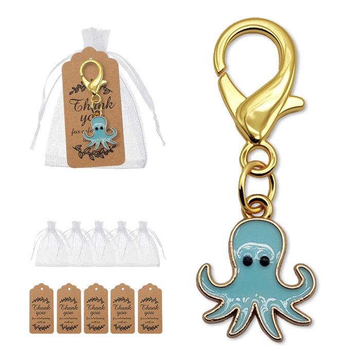 Teal Cartoon Octopus Enamel Keychain Gold Clasp Metal Charm