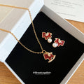 Gold Red Enamel Rocking Horse Necklace and Pearl Drop Studs view 4
