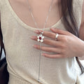 Silver Tone Flower Lariat Necklace With Red Center view 6