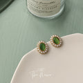 Gold Tone Green Cat Eye Oval Stone Pearl Halo Stud Earrings view 4