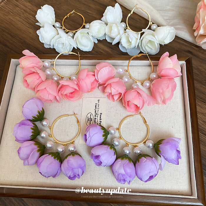 Fabric Flower Hoop Earrings in Four Soft Colorways