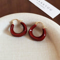 Deep Red Resin and Gold Tone Rounded Huggie Hoop Earrings view 6