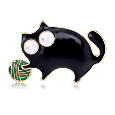 Enamel Cat With Yarn brooch shown from the front