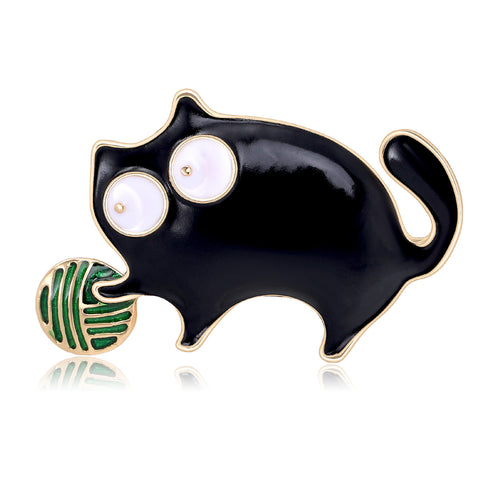 Enamel Cat With Yarn brooch shown from the front