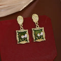 Green Framed Floral Garden Rectangle Dangle Stud Earrings view 4