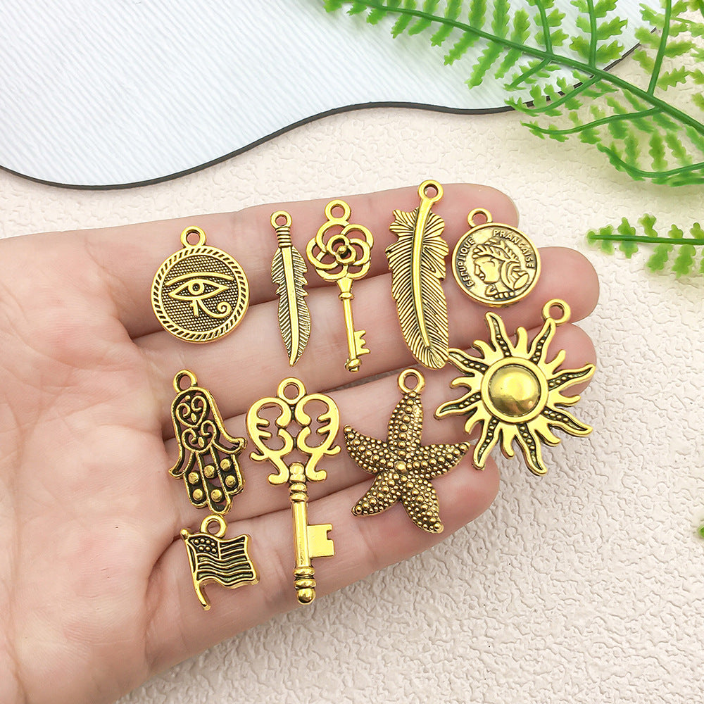 Antique Gold Zinc Alloy Key Starfish Sun Crown Flower Charm Pendant for DIY Jewelry