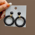 White Brown and Black Raffia Wrapped Round Dangle Earrings view 8