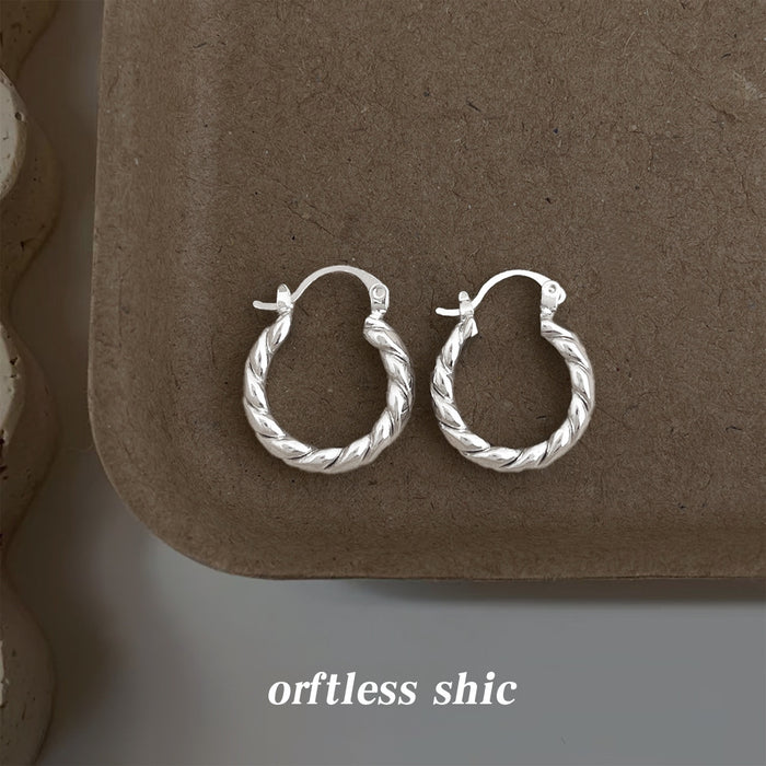 Silver Twisted Rope Hoop Earrings Hinged Latch Medium Circles