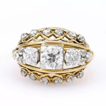 Gold Filigree Openwork Three Clear CZ Domed Band Ring