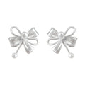 Silver-Tone Bow Stud Earrings Pearl Center and Drop view 5