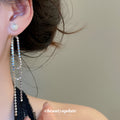 Pearl Stud Earrings With Long Silver Crystal Chain Fringe view 3