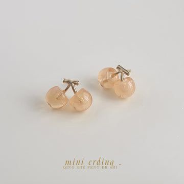 Gold Peach Translucent Double Cherry Stud Earrings Pair