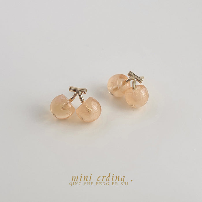 Gold Peach Translucent Double Cherry Stud Earrings Pair