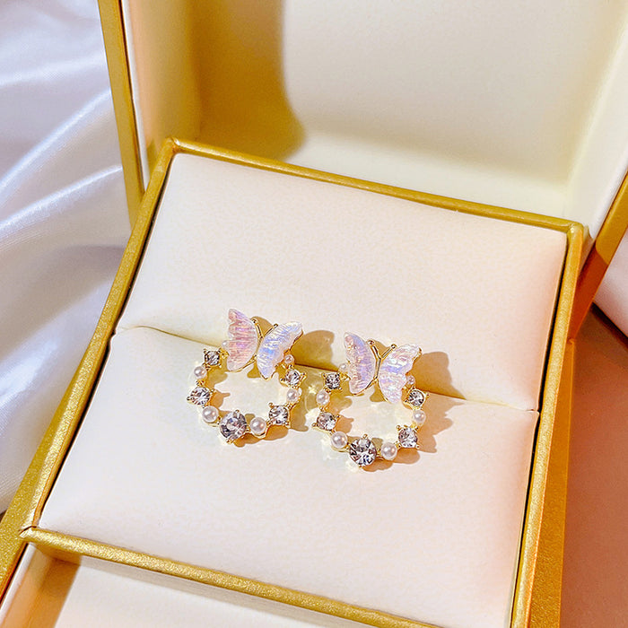 Butterfly and Pearl Look Open Wreath Gold Tone Stud Earrings