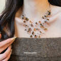 Multi Strand Brown Stone Crystal Silver Bead Necklace Set view 1