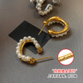 Gold Tone Double Row Pearl Hoop Stud Earrings Fashion Jewelry view 2