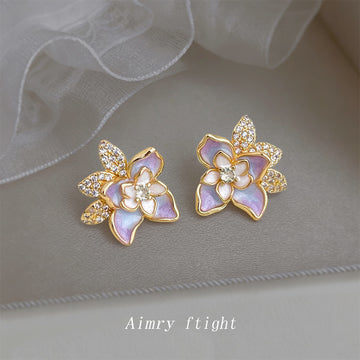 Gold Iridescent Purple Enamel Flower Crystal Leaf Studs