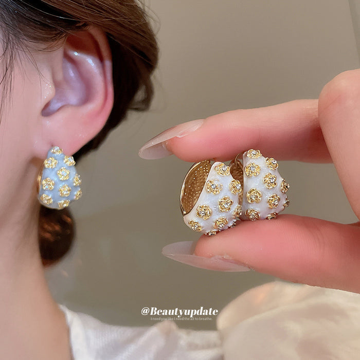 Enamel Floral Crystal C Hoop Earrings in White and Blue