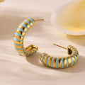 Gold Steel C Shape Pearl Shell Bead Enamel Stripe Earrings view 2
