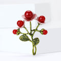 Red Bead Flower Branch Brooch With Pink Petals and Green Leaves view 2