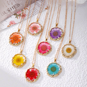 Gold Rim Dried Flower Resin Pendant Necklaces 11 Styles