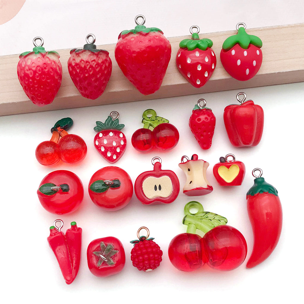 Acrylic Glossy 3D Apple Strawberry Cherry Chili Fruit Charm Pendants for DIY Keychain Jewelry