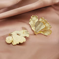 Gold Textured Ginkgo Leaf Large Statement Stud Earrings view 4