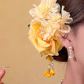 Yellow Fabric Rose Duckbill Hair Clip Pearl Tassel Drops view 3