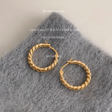 Gold Tone Twisted Rope Smooth Oval Hinge Hoop Earrings