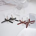 Burgundy Velvet Bow Pearl Look Crystal Fringe Earrings view 2