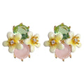 Gold Tone Pastel Stone And White Flower Cluster Stud Earrings view 5
