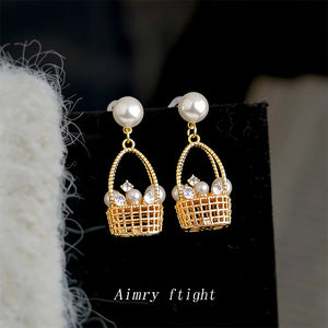 Gold Tone Pearl Like Flower Basket Drop Stud Earrings For Women