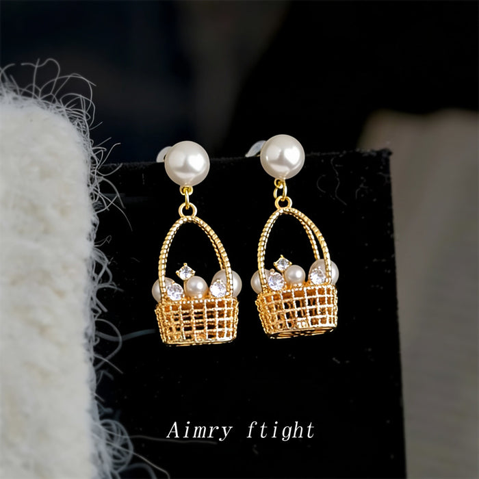 Gold Tone Pearl Like Flower Basket Drop Stud Earrings For Women