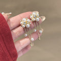 Pearl Look Cluster Flower Triple Chain Tassel Earrings view 2