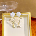 White Rose Stud Earrings Gold Vine Crystal Leaf Drops view 3