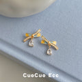 Gold Tone Clear Stone Ribbon Bow And Teardrop Stud Earrings view 4