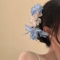 Purple White Fabric Flower Hair Claw With Mismatched Blue Gallery view 2