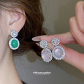 Crystal Halo Oval Stud Earrings In Pink And Green In Silver Tone view 2
