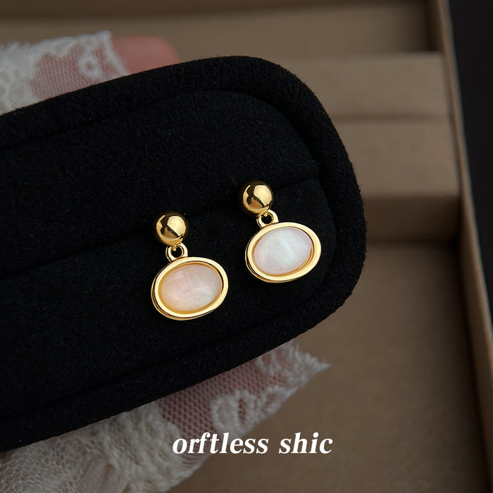 Gold Ball Post White Oval Cabochon Drop Earrings Pair