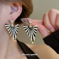 Gold Tone Striped Triangle Drop Earrings With Clear Crystal Studs view 1