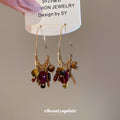 Gold Tone Brown and Burgundy Stone Fringe Hook Earrings view 2