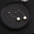 Gold Tone Curved Bar Pearl Ball Drop Stud Earrings view 4