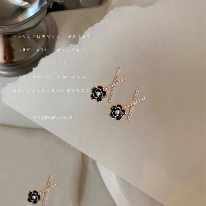 Gold Tone CZ X Bar Black Camellia Pearl Stud Earrings