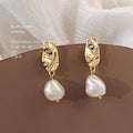 Gold Tone Folded Openwork Top Irregular White Pearl Drop Stud Earrings view 1