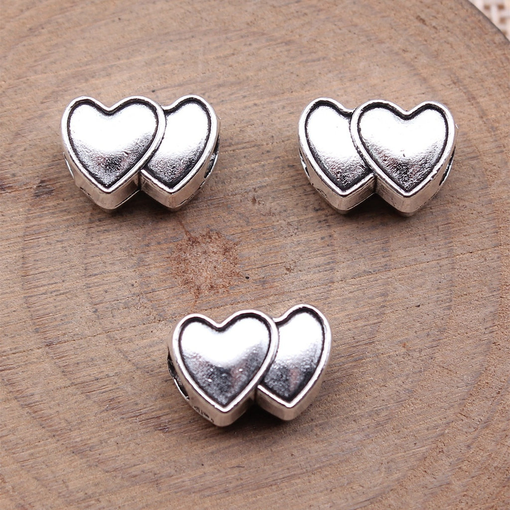 13.4x9.3x7.2mm 2.5g Antique Silver Zinc Alloy Double Heart Large Hole Beads for DIY Bracelet Necklace Making
